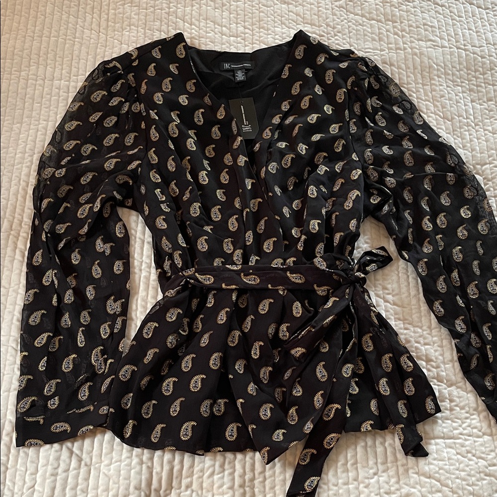 INC International Concepts Black Paisley Belted Blouse